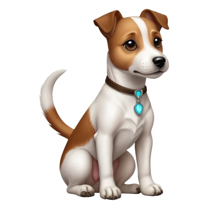 cinematic-[jack Russel terrier]-realistic-full-body-sitting-emoji,-tail-resting-loosely-beside-its-paws,-head-tilted-dramatically, -sleek-[brown and white]-fur,-simplified-yet-realistic-focused-features,-highly-detailed,-glowing-with-an-almost-sarcastic-glow sticker