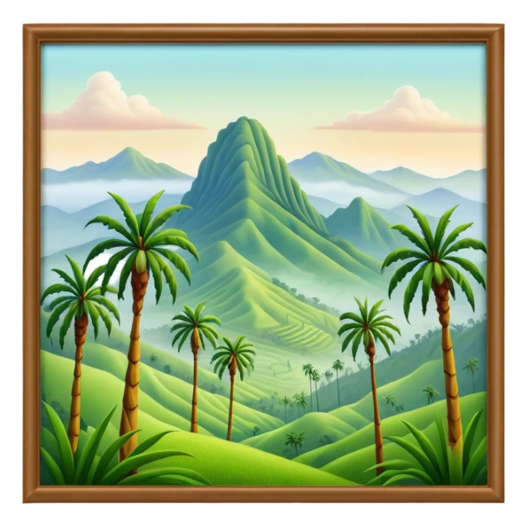Cinematic Realistic Cocora Valley Landmark Emoji, featuring towering wax palm trees swaying in the misty green valley, with rolling hills and distant mountain peaks bathed in warm morning light. sticker