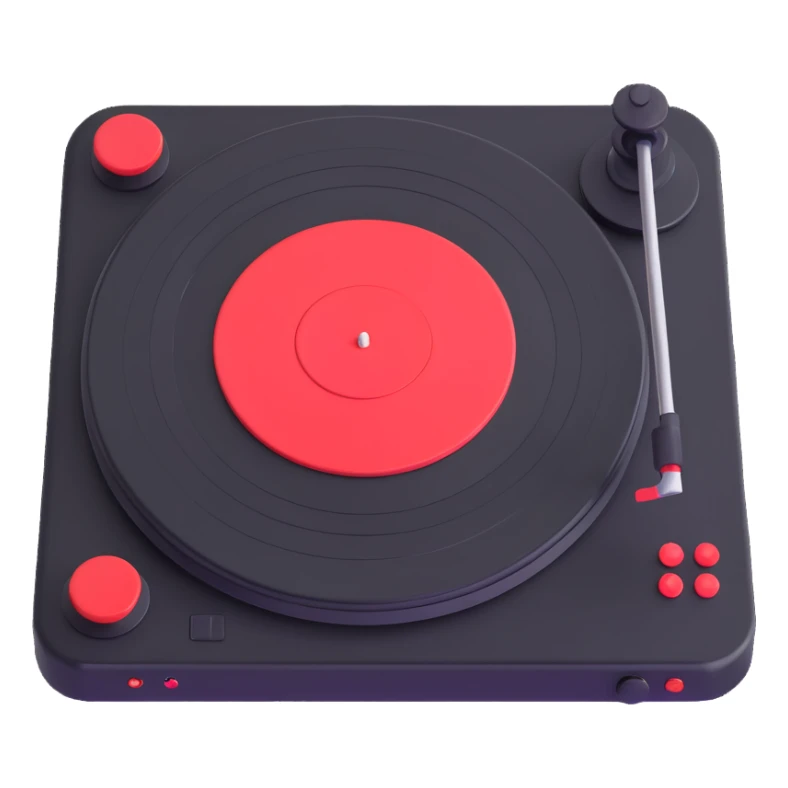 Make the Technics-style turntable look more vintage with playful rounded features in a Disney Pixar 3D style. Use black and red as the main colors, avoid neon colors entirely, and keep the look vintage and playful without neon. sticker