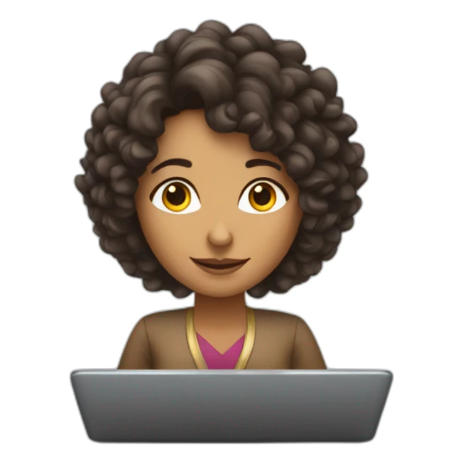 A curly indian lady with dark brown hair learning about mortgages on a laptop sticker