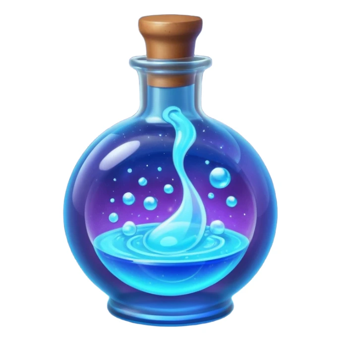 glowing blue neon magic potion, in a round glass bottle  sticker
