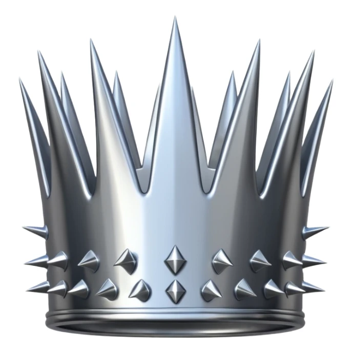 A spiked crown emoji made of silver chrome, sharp yet rounded metallic spikes, glossy reflections, aggressive luxury swag aesthetic, iOS emoji style, centered, clean white background sticker