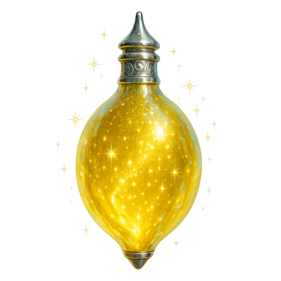 lemon-shaped luxurious elixir bottle, vibrant yellow color, iridescent and silver details, intense magical glowing and sparkling effects, very small neck, seamless bottom, floating, no base or shadow, modern, matching a collection, transparent background sticker