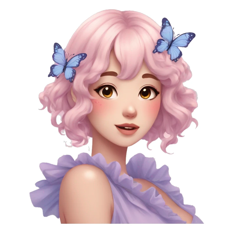 Gorgeous pastel anime style lady with blushing face and butterflies aesthetic trending style sticker