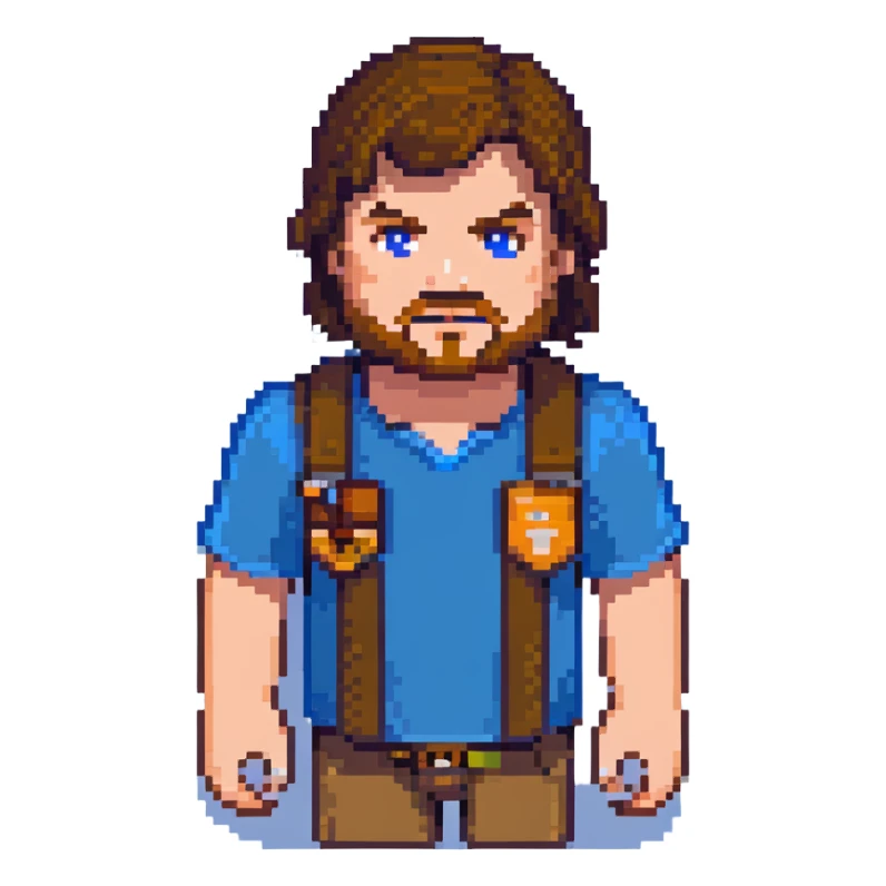 Jack Black as Minecraft Steve portrait, just face and shoulders, blocky character with brown hair, beard, and blue shirt sticker