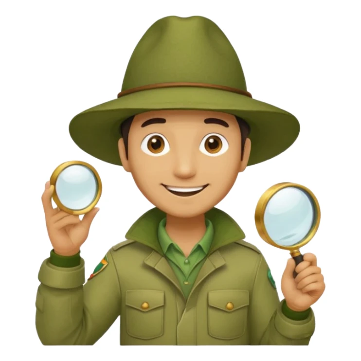  man in beige moss green explorer outfit, hat, holding magnifying glass, smile sticker