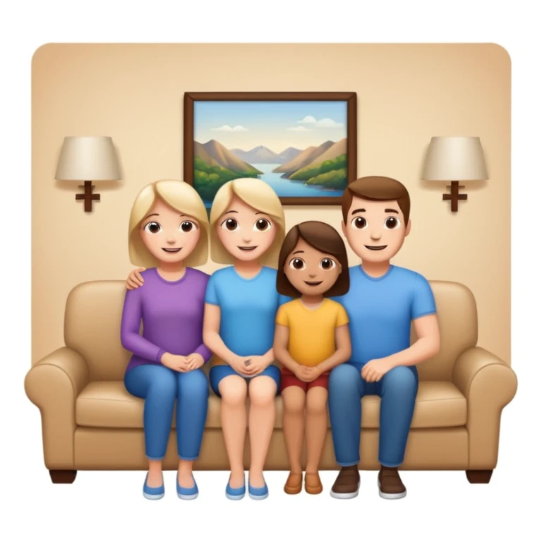 family posing for photo, living room background sticker