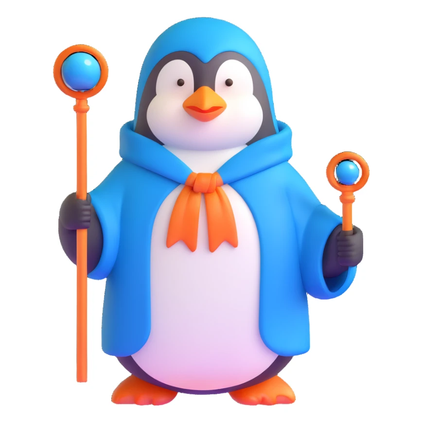 penguin wizard with a blue robe and magical staff sticker