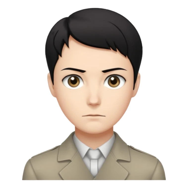 short black neat hair, sharp dull gray eyes, pale skin, serious expression, upright posture, minimal accessories, sharp and precise style. Levi Ackerman  sticker
