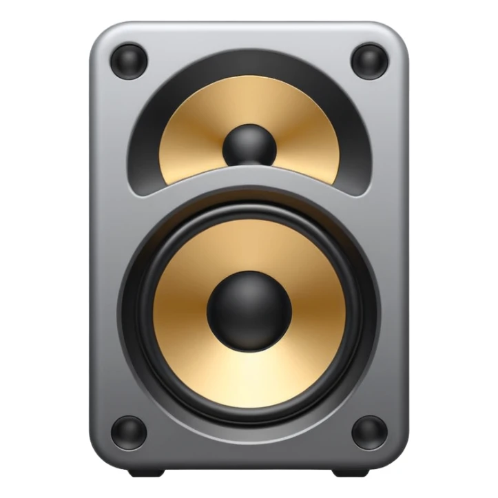 Minimal emoji icon of a modern metallic speaker, front view, detailed geometry, dark metallic body, subtle highlights, isolated sticker
