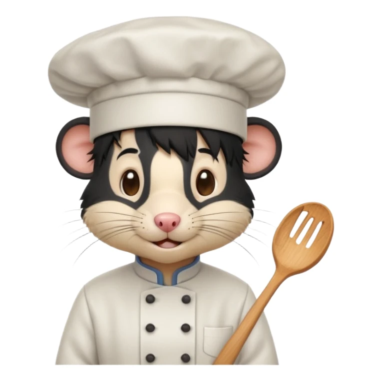 A rat with a fringe, long black hair and chefs hat sticker