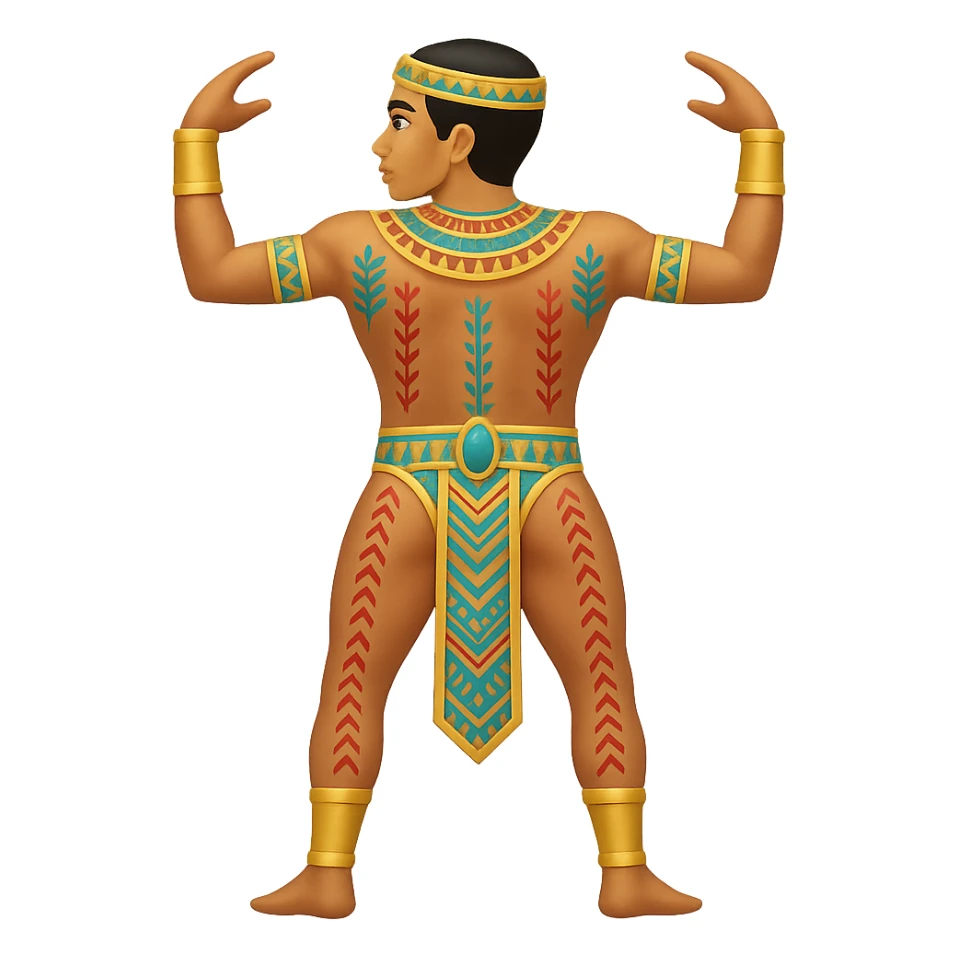 Remove the horns from the Egyptian human bull leaper in the back view 'are you entertained' pose. Add traditional Egyptian patterns. Preserve all other details. The style is emoji style. Remove the background. sticker