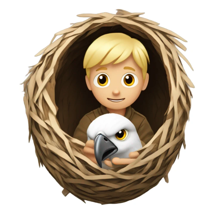Blonde boy inside a nest eating an eagle egg, becoming an Eagler. sticker