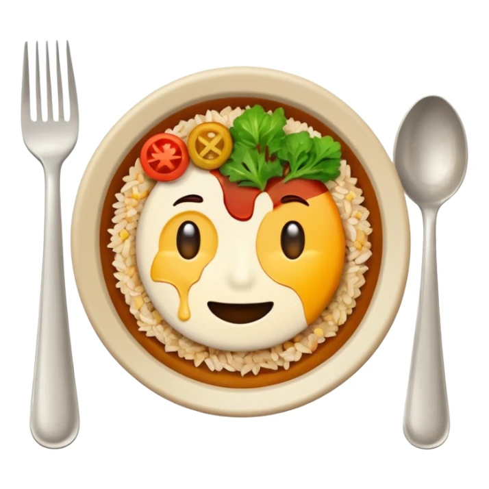  dirty plate after eating, leftover food scraps, vegetable pieces, rice grains, sauce stains on the plate, fork and spoon placed beside the plate, no face, no character, no human features, realistic food leftovers, clean and simple background, soft lighting, high quality, emoji style sticker