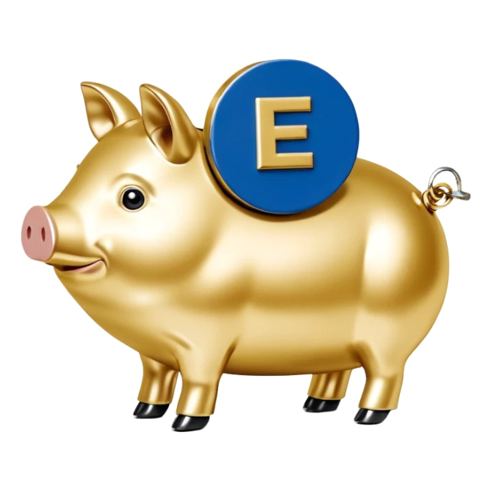 Ein stilisiertes Sparschwein, in das von oben eine Münze fällt. Daneben oder leicht dahinter ein kleines Schild, das Sicherheit symbolisiert. sticker