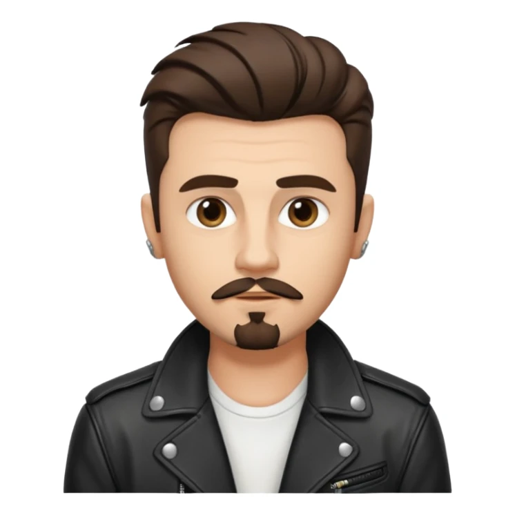 generate emoji style guy with slick James dean hair with front tendrils, mustache and goatee facial hair, wearing a white shirt and a black leather jacket , several silver piercings in ear, with dark brown hair and make eyes more almond shaped inspired by the image I shared sticker