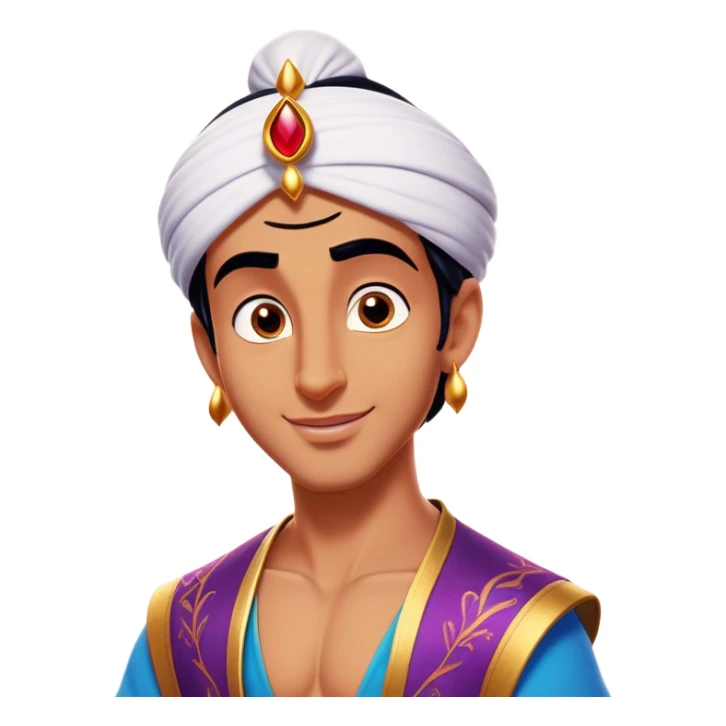 Cinematic Realistic Aladdin Portrait, head tilted playfully and inquisitively, showcasing his roguish charm and bright, mischievous eyes. His signature attire is rendered in exquisite detail with dynamic natural highlights, and a hint of magic sparkles about him—embodying a youthful, adventurous energy with friendly power. sticker