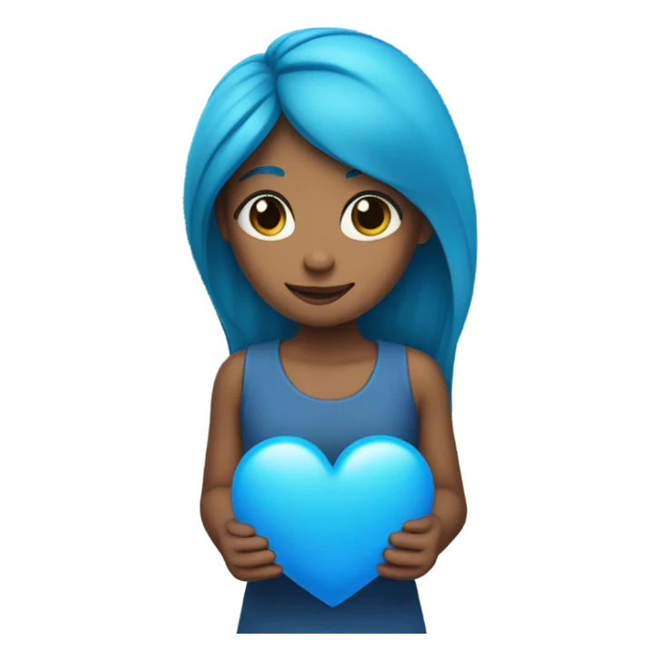girl with long blue hair holding a blue heart sticker