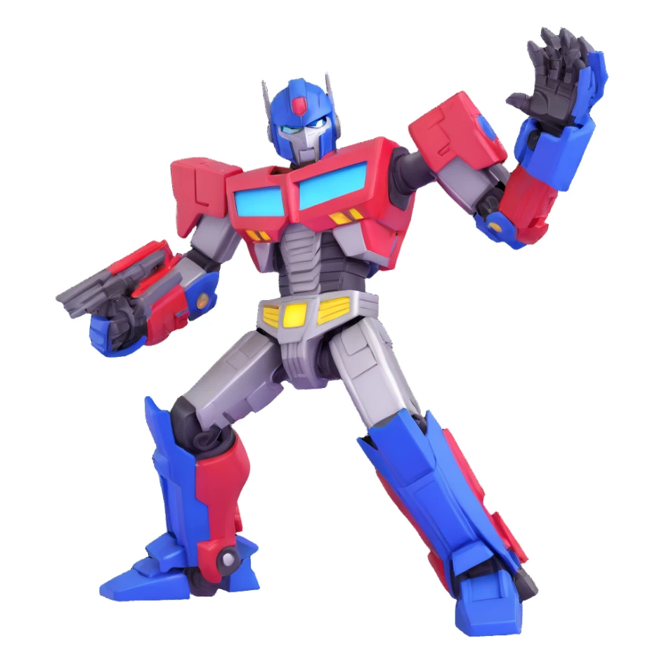 Optimus Prime in a battle pose, shiny metallic finish, action stance sticker