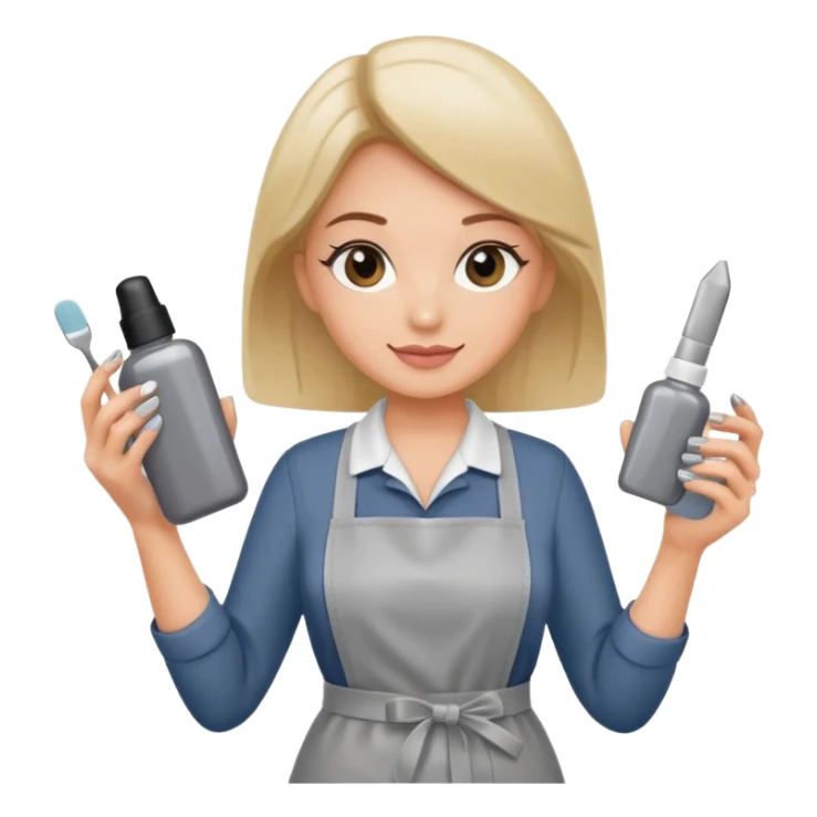 female nail master in grey apron with small gel polish in one hand and nail file in other  sticker