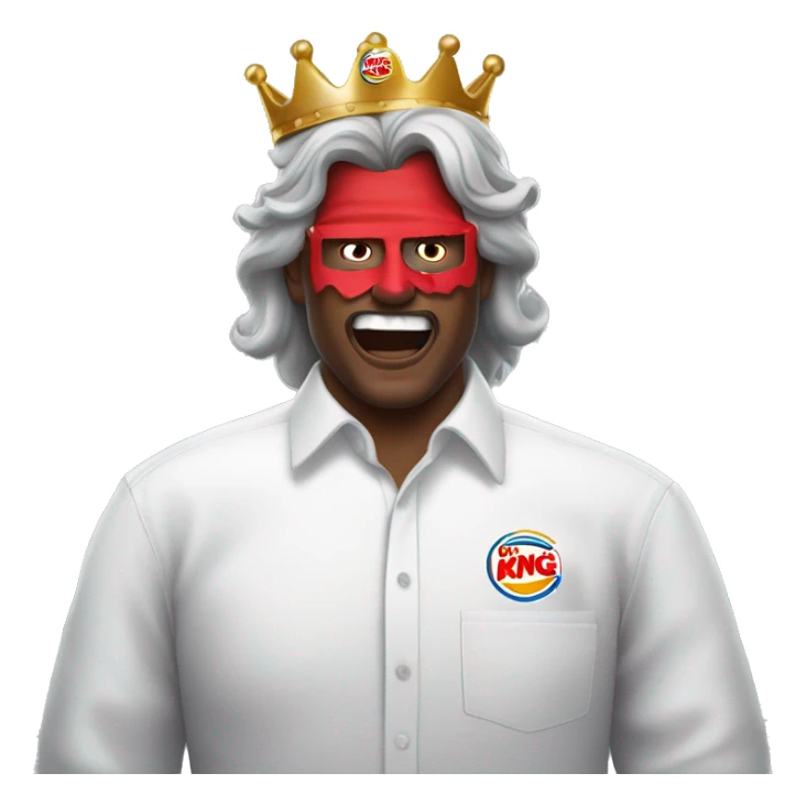 a man in a white button up shirt with a red face mask pulled down, long gray hair and a burger king crown angry sticker