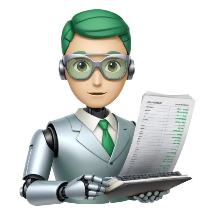human like robot bookkeeper wearing  accountant Green eyeshades  and holding spreadsheets sticker