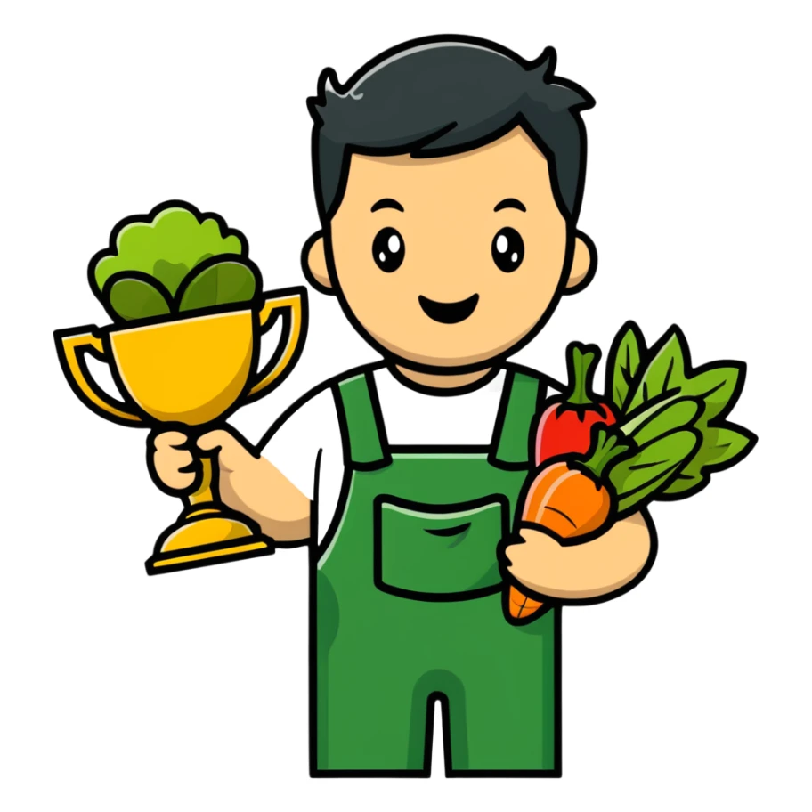 Happy gardener with trophy and prize vegetables sticker