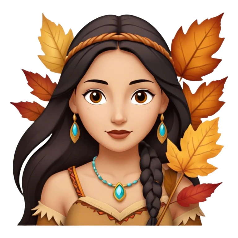 Cinematic Playful Pocahontas Portrait Emoji, Tilting her head with a knowing smirk, holding a delicate autumn leaf, eyes glimmering with adventure, an enchanting blend of confidence and charm, absolutely captivating! sticker