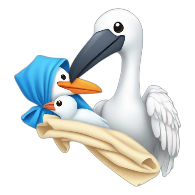 White stork carrying a blue bundle of cloth in its beak that has a human baby with dark hair and the baby head is peeking from the fabric bundle the strok is carrying with its beak sticker