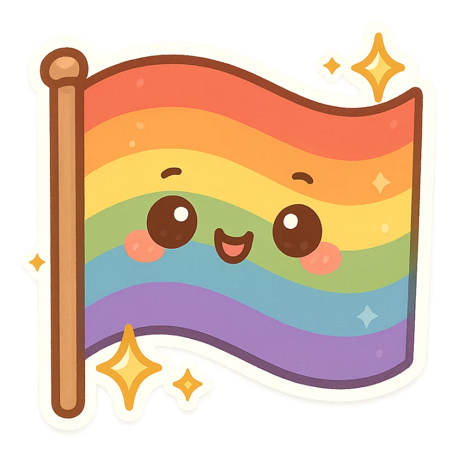 chibi sticker-style sparkling rainbow flag, cute and exaggerated sticker