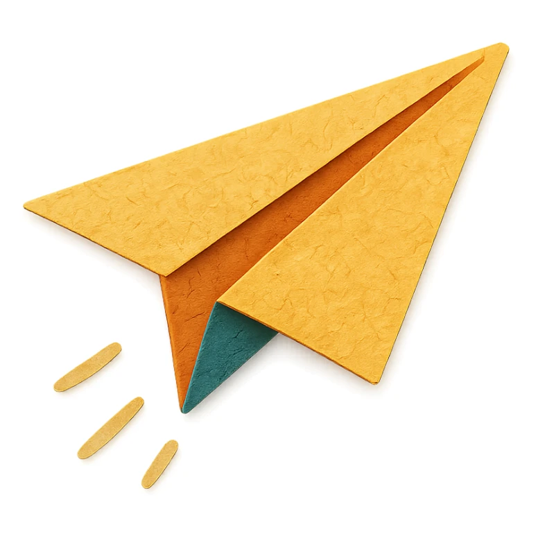 Create a hand-drawn style paper airplane with no background, transparent PNG, in a detailed and artistic paper craft style. sticker