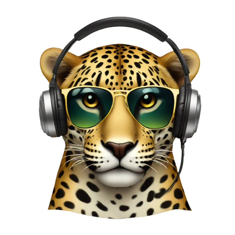 handsome jaguar dj, emoji head, looking forward, wearing cool sunglasses, wearing over-ear headphones on top of head sticker