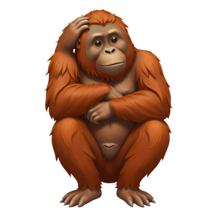 cinematic-orangutan-realistic-full-body-sitting-emoji,-massive-frame-relaxed-with-arms-folded-thoughtfully,-thick-orange-fur-flowing-in-the-breeze,-head-tilted-dramatically,-deep-dark-eyes-filled-with-ancient-wisdom,-simplified-yet-realistic-focused-features,-highly-detailed,-glowing-with-an-almost-sarcastic-glow sticker