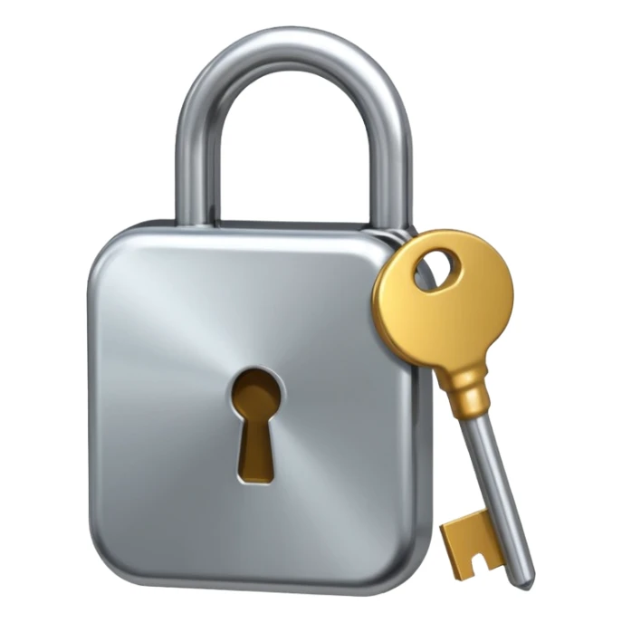 A chrome silver lock and key emoji, smooth metallic surfaces, glossy reflections, luxury swag vibe, minimal iOS emoji style, centered on clean white background sticker