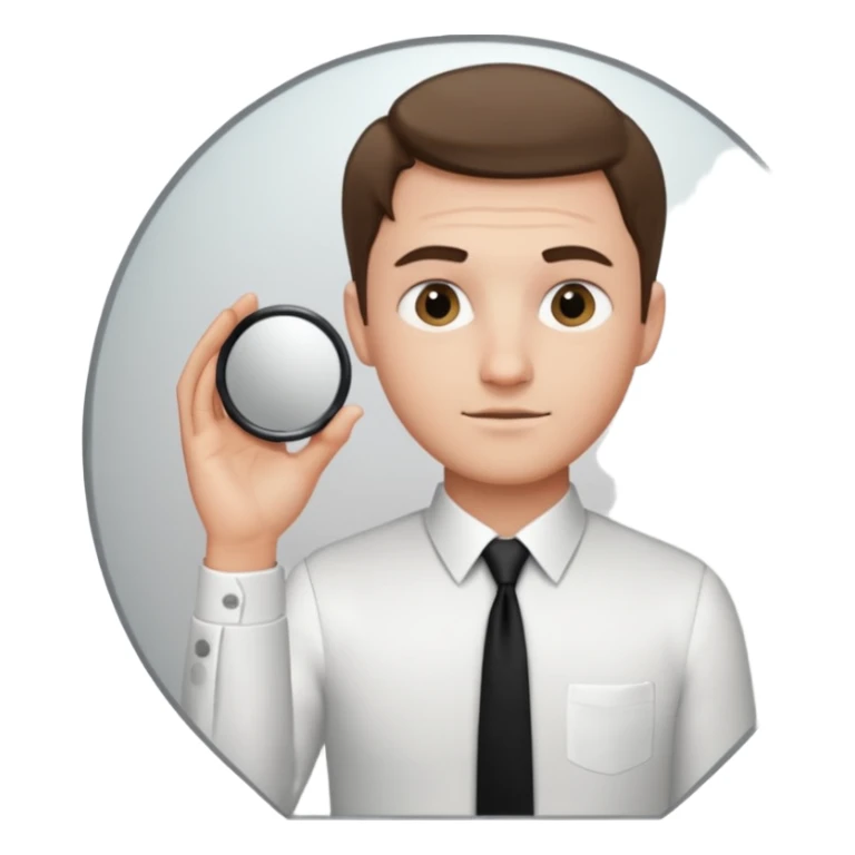 A man looking into a mirror holding his hand. He should be facing the mirror. He should be wearing a white dress shirt and a black tie. sticker