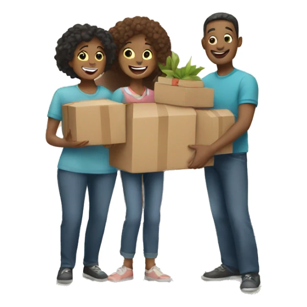 Happy family holding boxes outside of their house  sticker