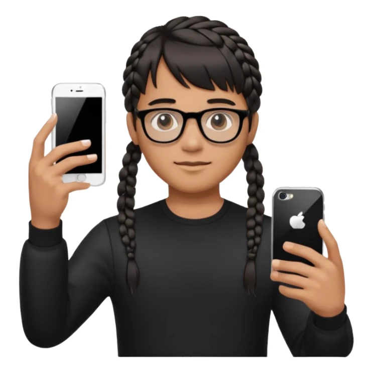 He's wearing black, left braided hair, full bangs, bangs and glasses, and taking a mirror selfie with a white iPhone sticker