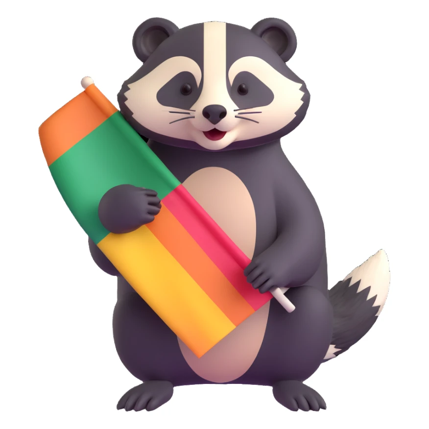 a stylized badger with fur in lesbian pride flag stripes, playful pose sticker