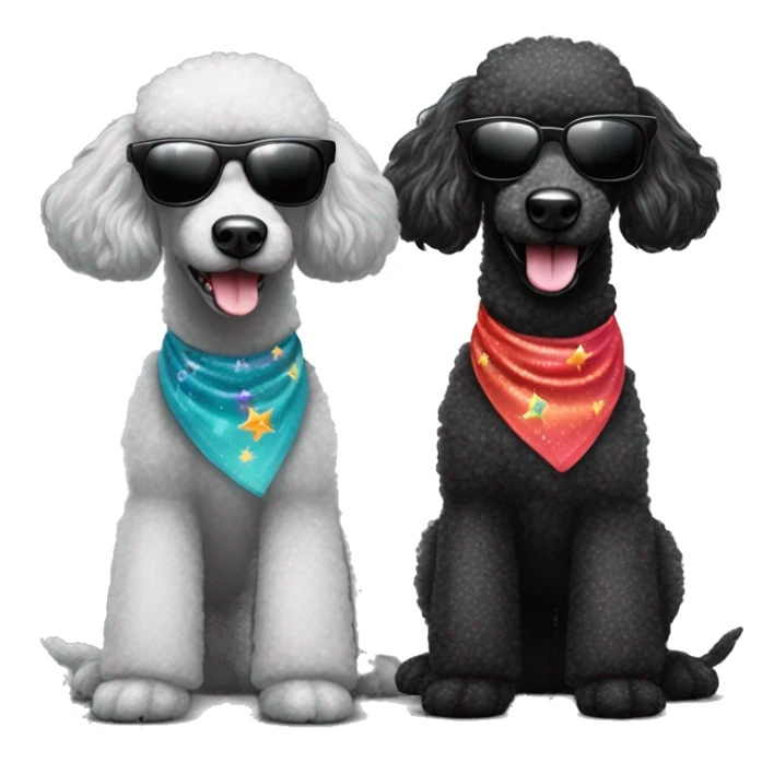 Two BLACK poodles wearing sparkling sunglasses with a big smile. Also with a bandanna around its neck. Both Dogs needs to be all black sticker