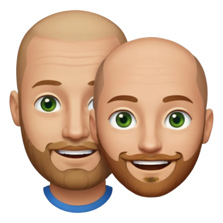 Shaved head man with dark blonde beard and blue eyes with mouth closed smile with brown haired woman with green eyes sticker
