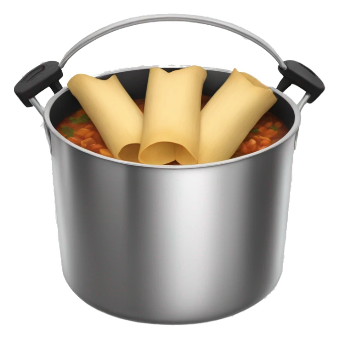 Stainless steel pot with black handlers, tamales inside sticker