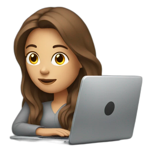 woman with long brown hair, typing on a silver laptop sticker