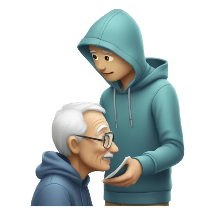 Young man with hoodie helping old man to learn how to use artificial intelligence  sticker