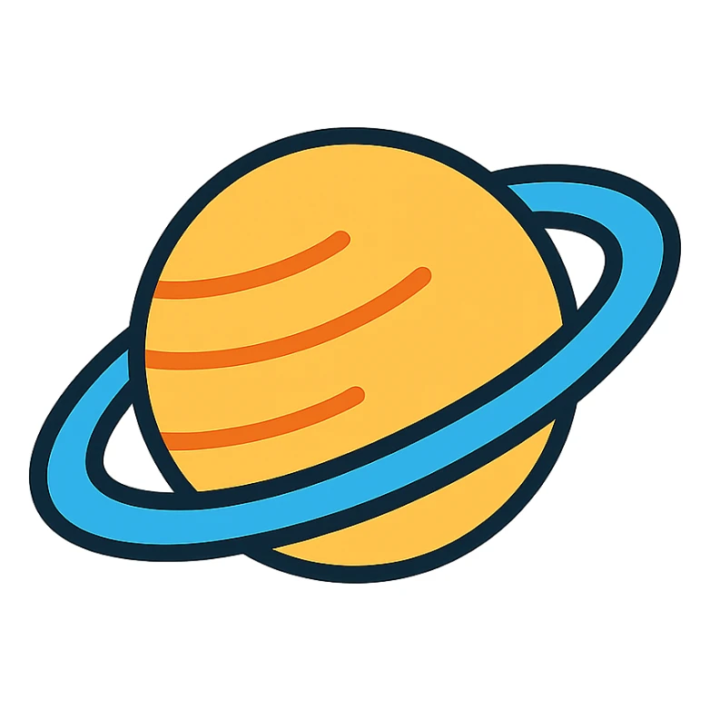 simple icon of Saturn with rings, geometric sticker