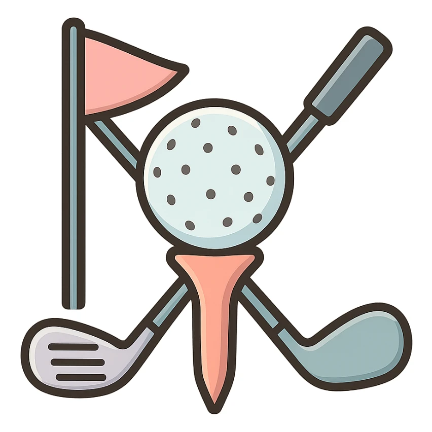 golf ball on a tee with flag and club crossed behind, icon-color-outlined style, detailed shading, thin clean outlines, soft rounded features, pastel palette #98B5BC #B5B3C1 #C9A3C9 #E4C0CA #F7DCD1 #F7C0AA, Japanese pop art, sticker look, highly detailed, vector clarity, soft lighting, subtle shadows, transparent background sticker