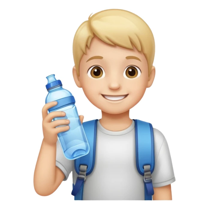 child holding a water bottle, smiling, friendly and cute sticker
