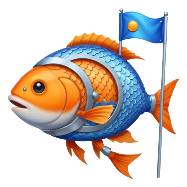 a fish in space suit, holding blue rectangle flag sticker