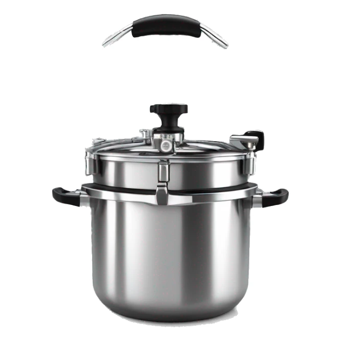 Stainless steel pressure pot, with black gights, lid with 3 clamps on the cover,  on the knob sticker