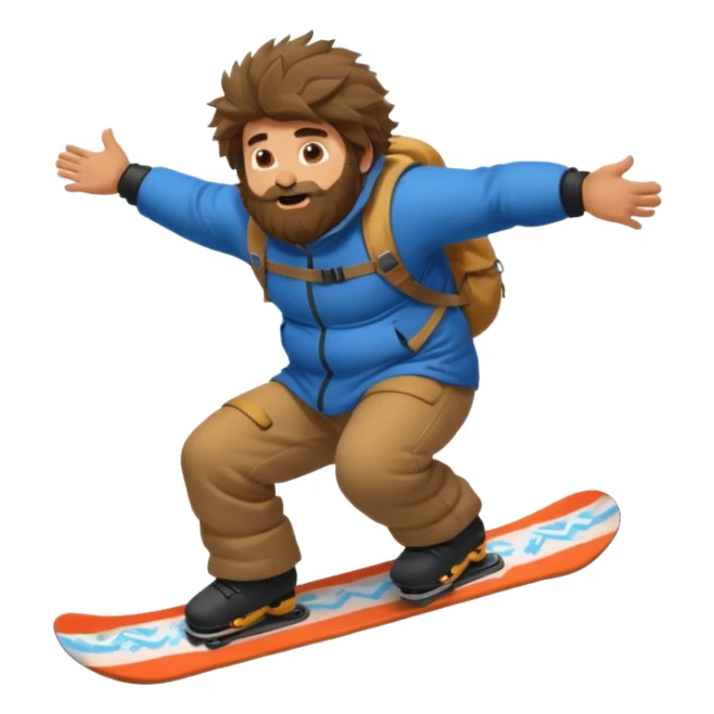 big round super harry guy snowbording down mountain haryyer more hair on his bcak and face sticker