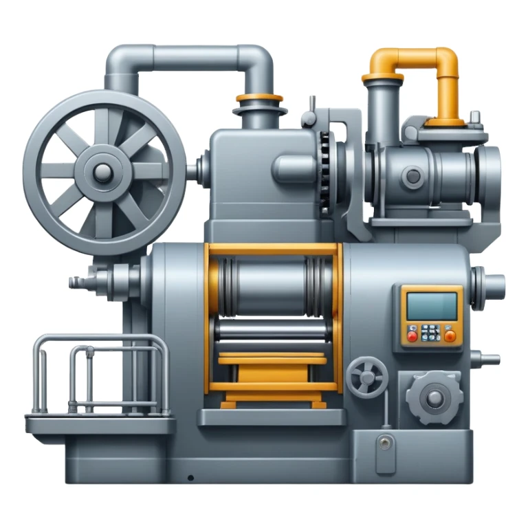 An icon featuring a giant machine tool in a factory, manufacturing machines. The design includes gears, mechanical parts, and a production line, representing the art of mechanical engineering and industrial design. Transparent background highlights precision engineering and manufacturing processes. sticker